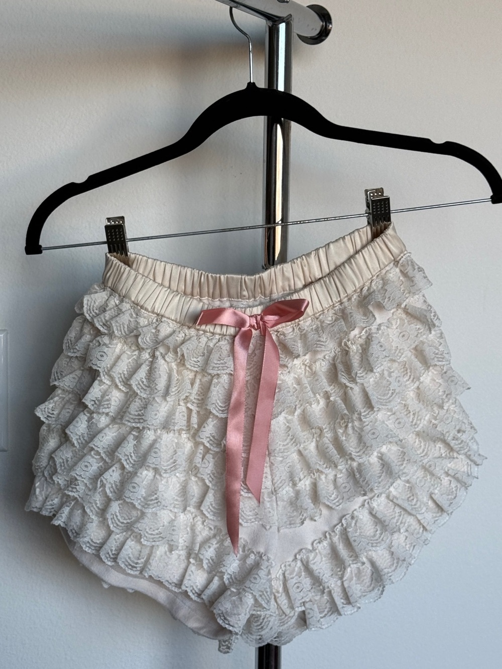 Ivory Lace Ruffle Shorts with Pink Satin Bow